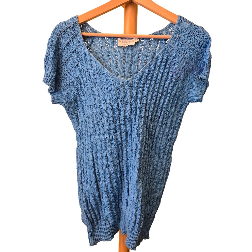 Sweater Loft NY Large Blue 100% Cotton Knit Short Sleeve Top [0474]